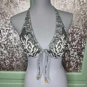 Loco Boutique Dark Gray Coral Pattern Ruffle Triangle Bikini Top Size Medium
